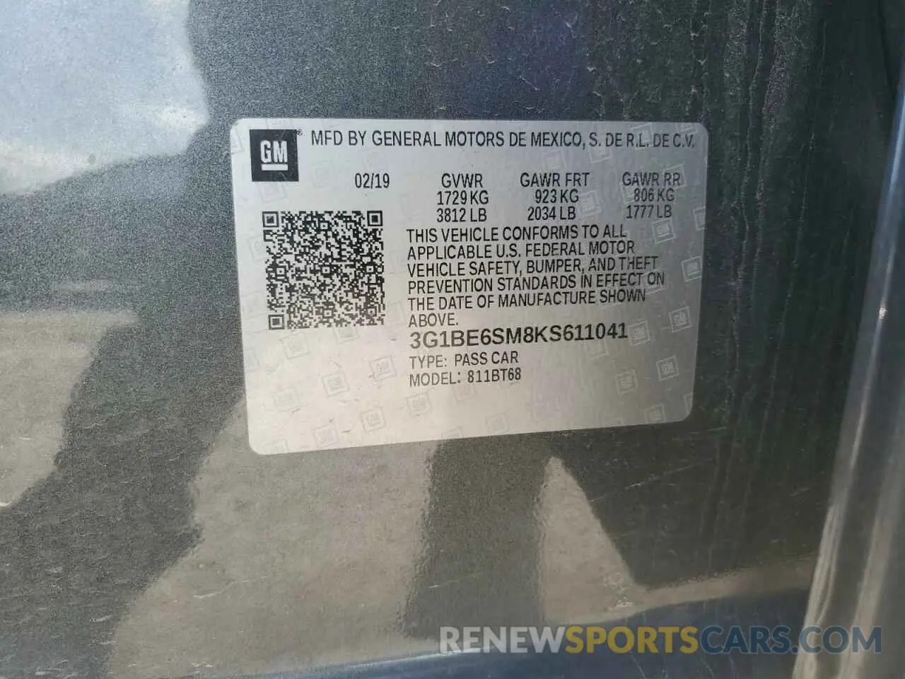 14 Photograph of a damaged car 3G1BE6SM8KS611041 CHEVROLET CRUZE 2019