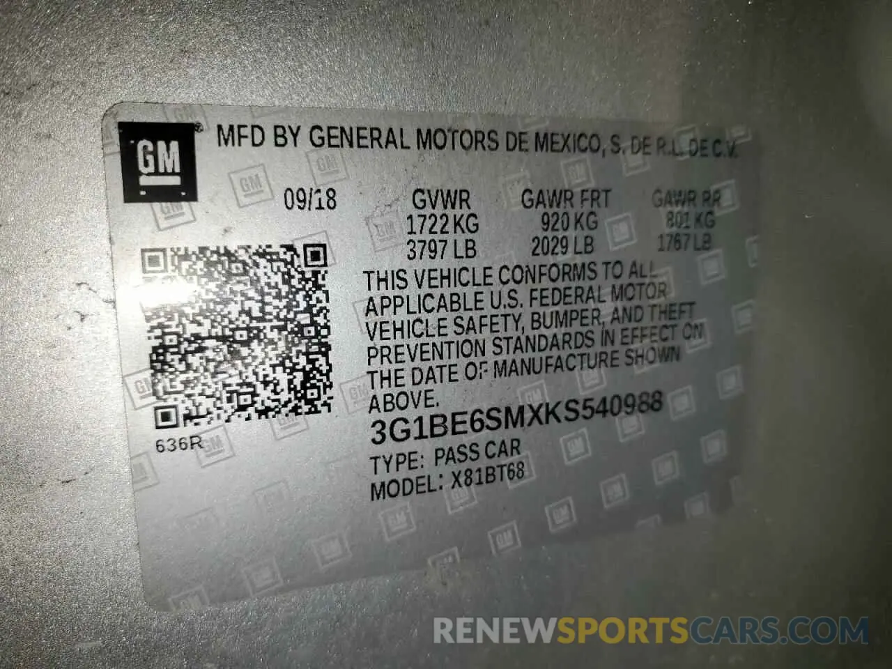 13 Photograph of a damaged car 3G1BE6SMXKS540988 CHEVROLET CRUZE 2019