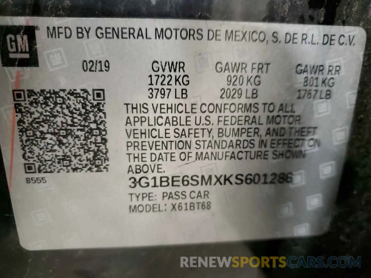 12 Photograph of a damaged car 3G1BE6SMXKS601286 CHEVROLET CRUZE 2019