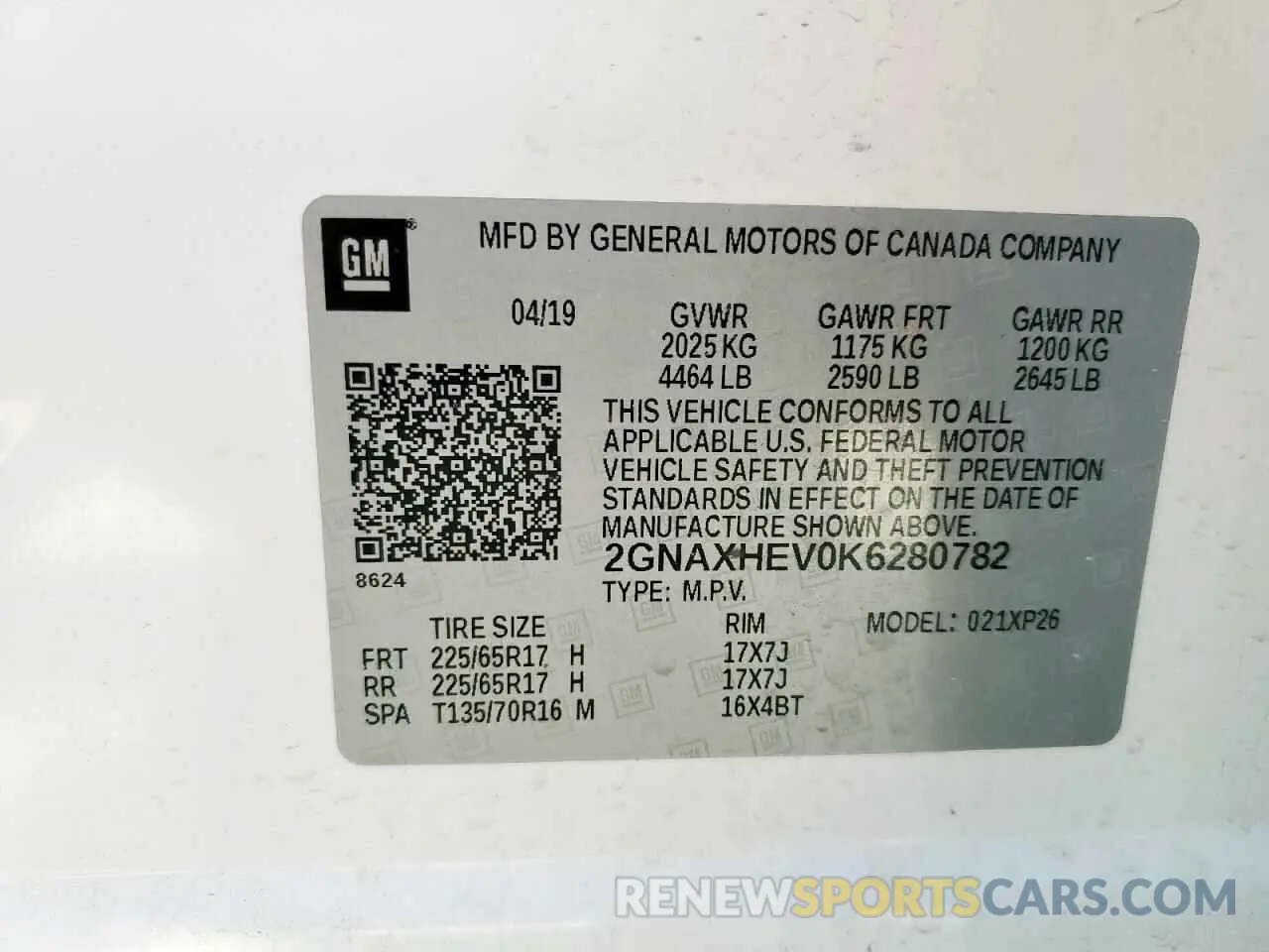 14 Photograph of a damaged car 2GNAXHEV0K6280782 CHEVROLET EQUINOX 2019