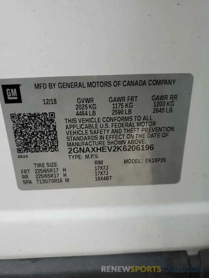 14 Photograph of a damaged car 2GNAXHEV2K6206196 CHEVROLET EQUINOX 2019