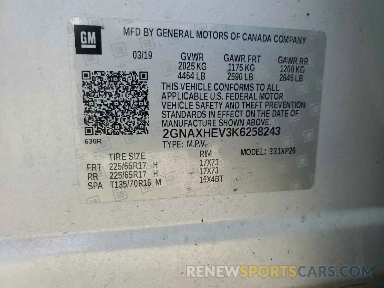 13 Photograph of a damaged car 2GNAXHEV3K6258243 CHEVROLET EQUINOX 2019