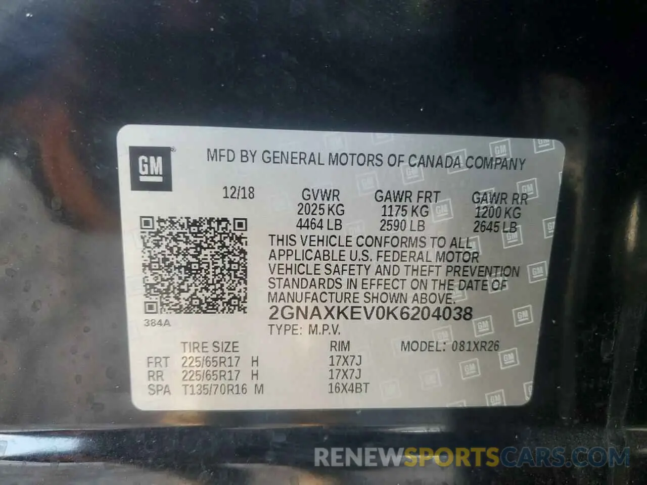 12 Photograph of a damaged car 2GNAXKEV0K6204038 CHEVROLET EQUINOX 2019