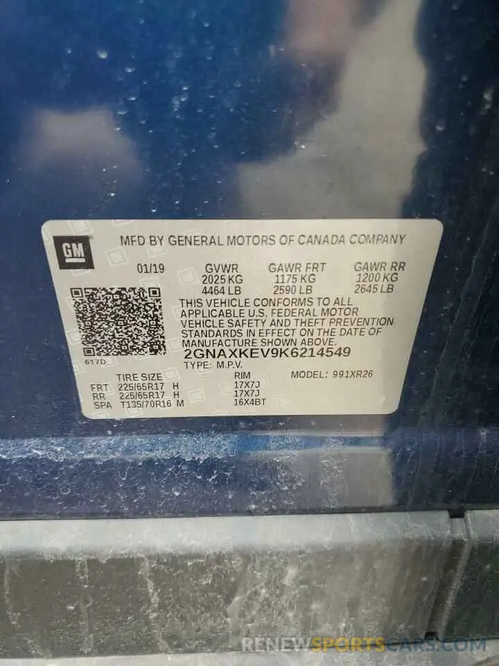 13 Photograph of a damaged car 2GNAXKEV9K6214549 CHEVROLET EQUINOX 2019