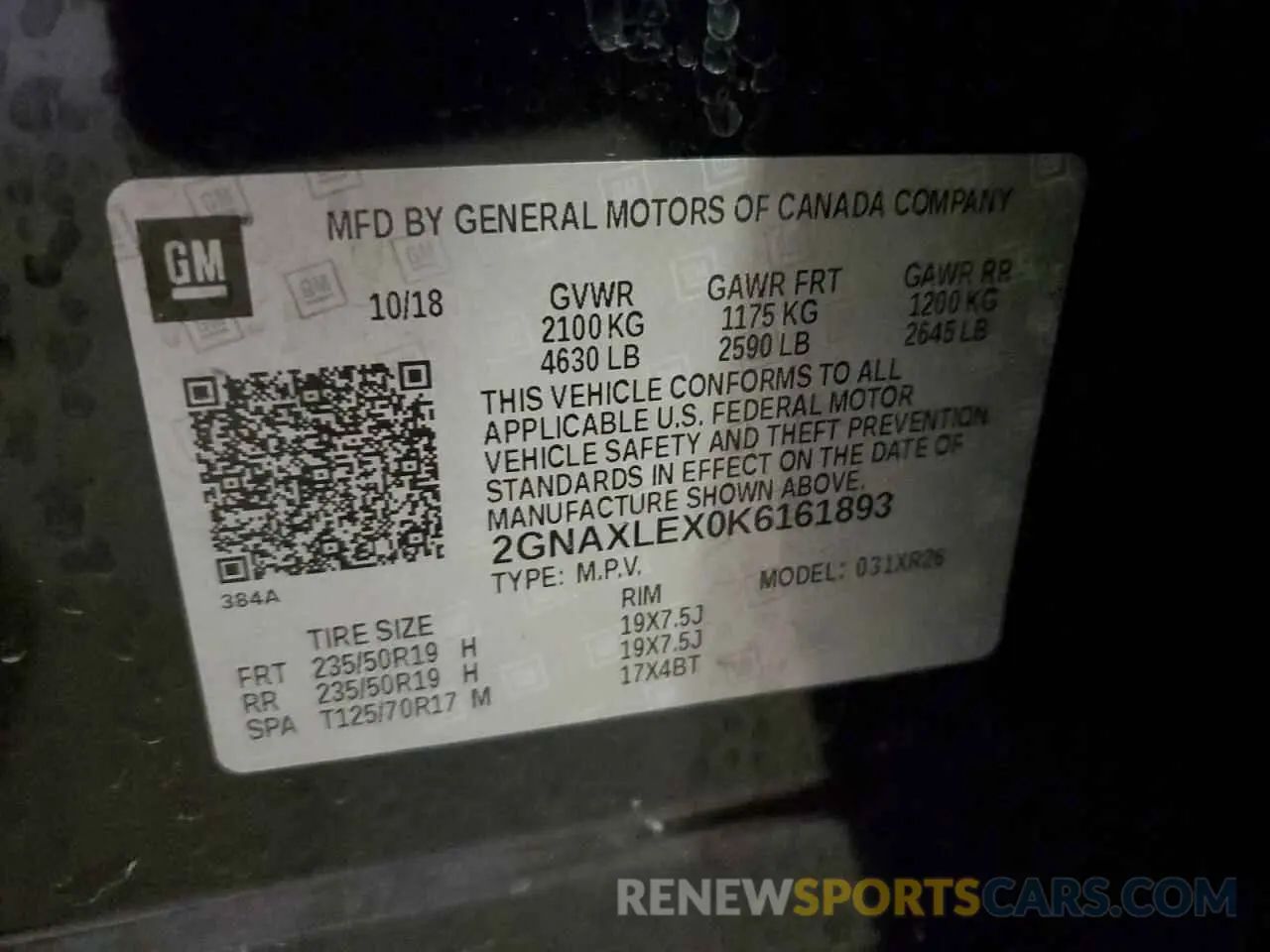13 Photograph of a damaged car 2GNAXLEX0K6161893 CHEVROLET EQUINOX 2019