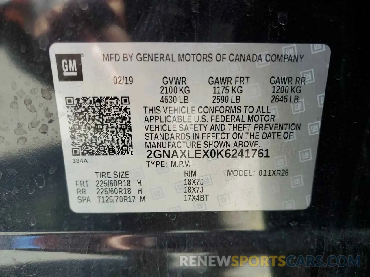 14 Photograph of a damaged car 2GNAXLEX0K6241761 CHEVROLET EQUINOX 2019