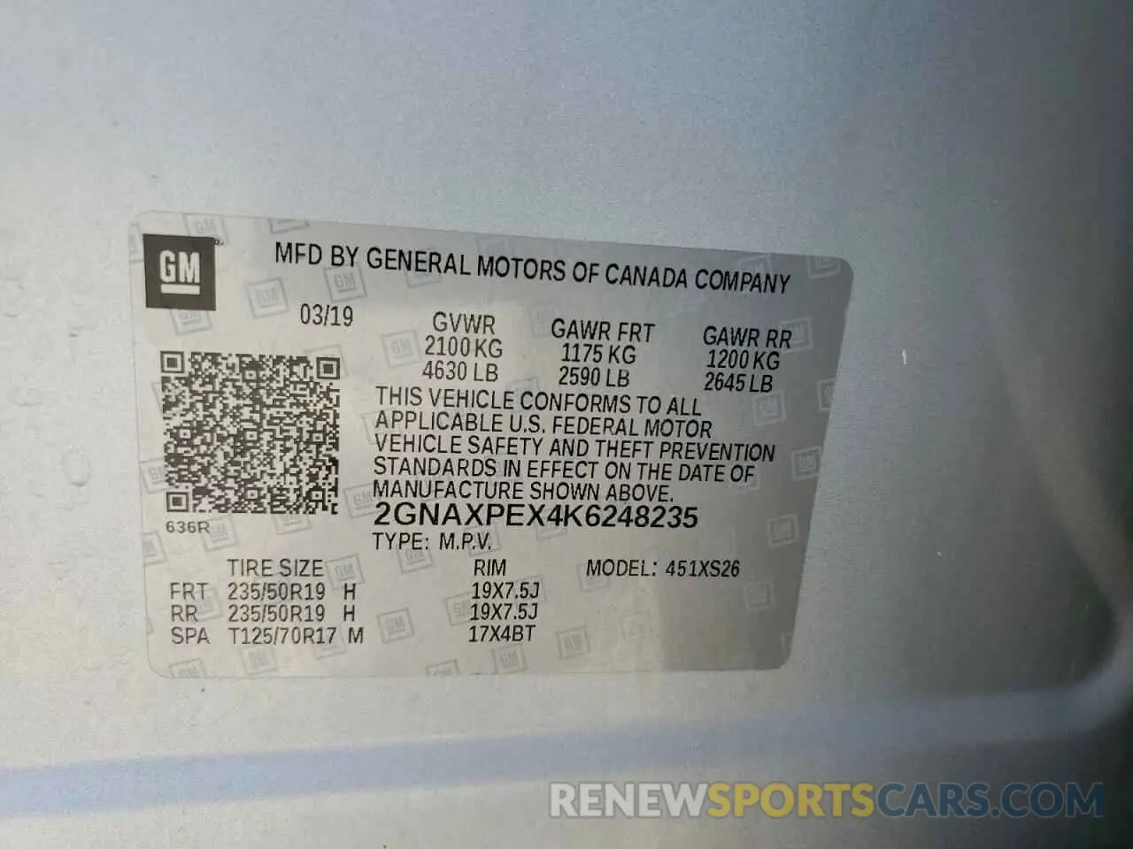 13 Photograph of a damaged car 2GNAXPEX4K6248235 CHEVROLET EQUINOX 2019