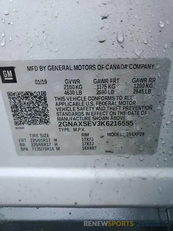 13 Photograph of a damaged car 2GNAXSEV3K6216555 CHEVROLET EQUINOX 2019