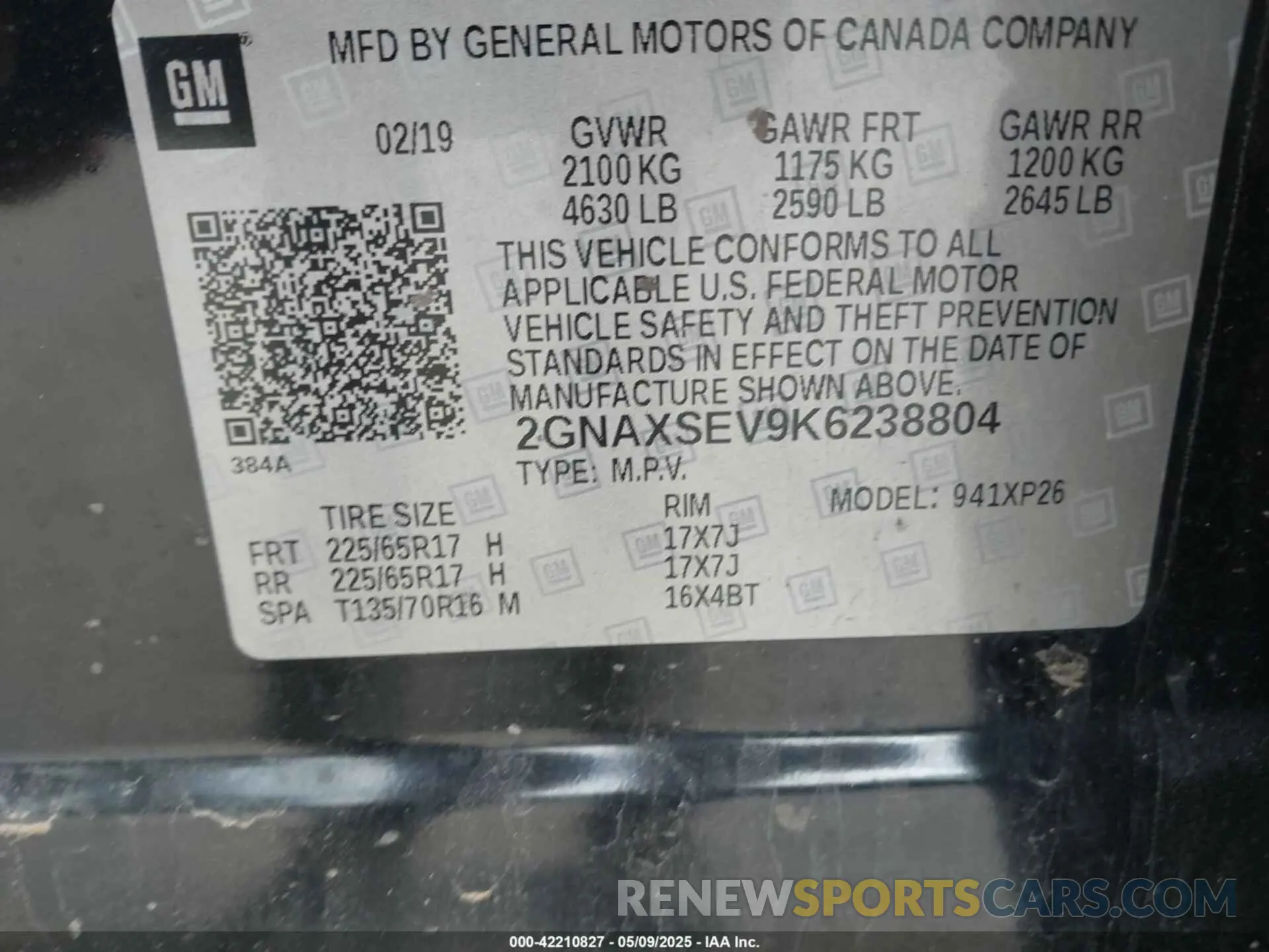9 Photograph of a damaged car 2GNAXSEV9K6238804 CHEVROLET EQUINOX 2019