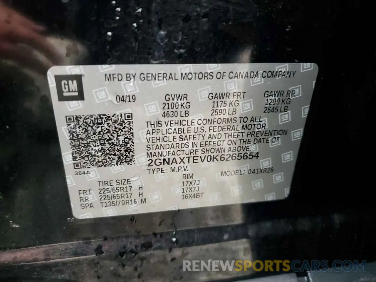 15 Photograph of a damaged car 2GNAXTEV0K6265654 CHEVROLET EQUINOX 2019