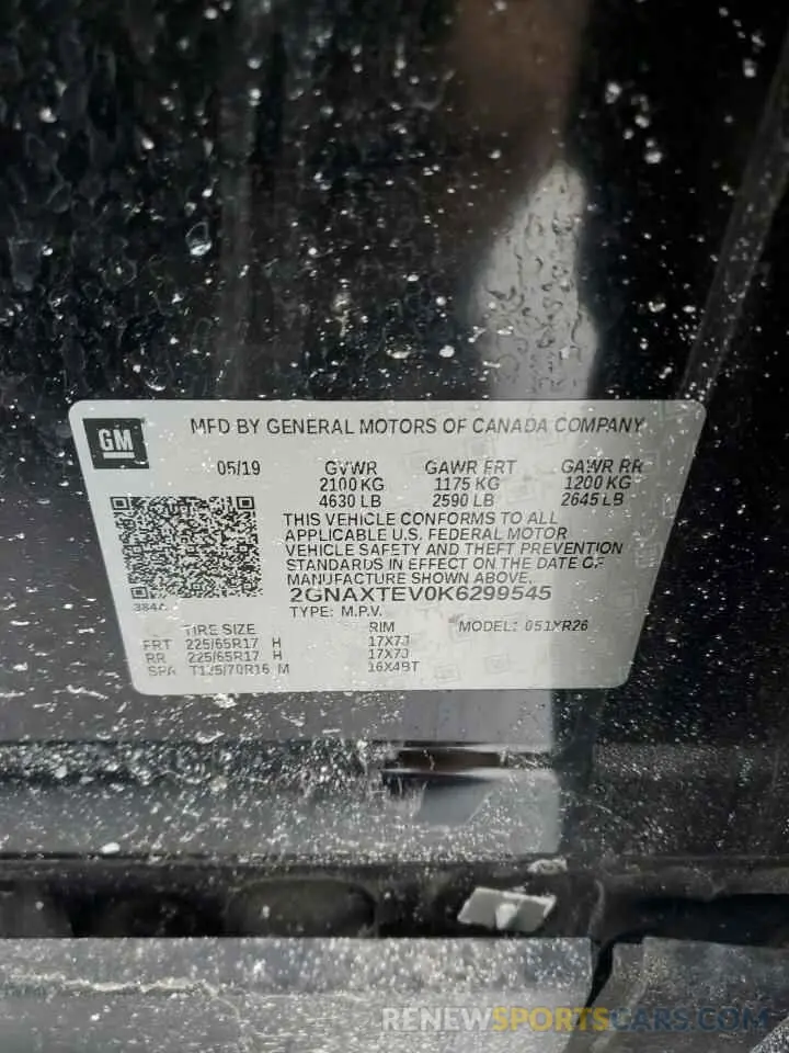 13 Photograph of a damaged car 2GNAXTEV0K6299545 CHEVROLET EQUINOX 2019