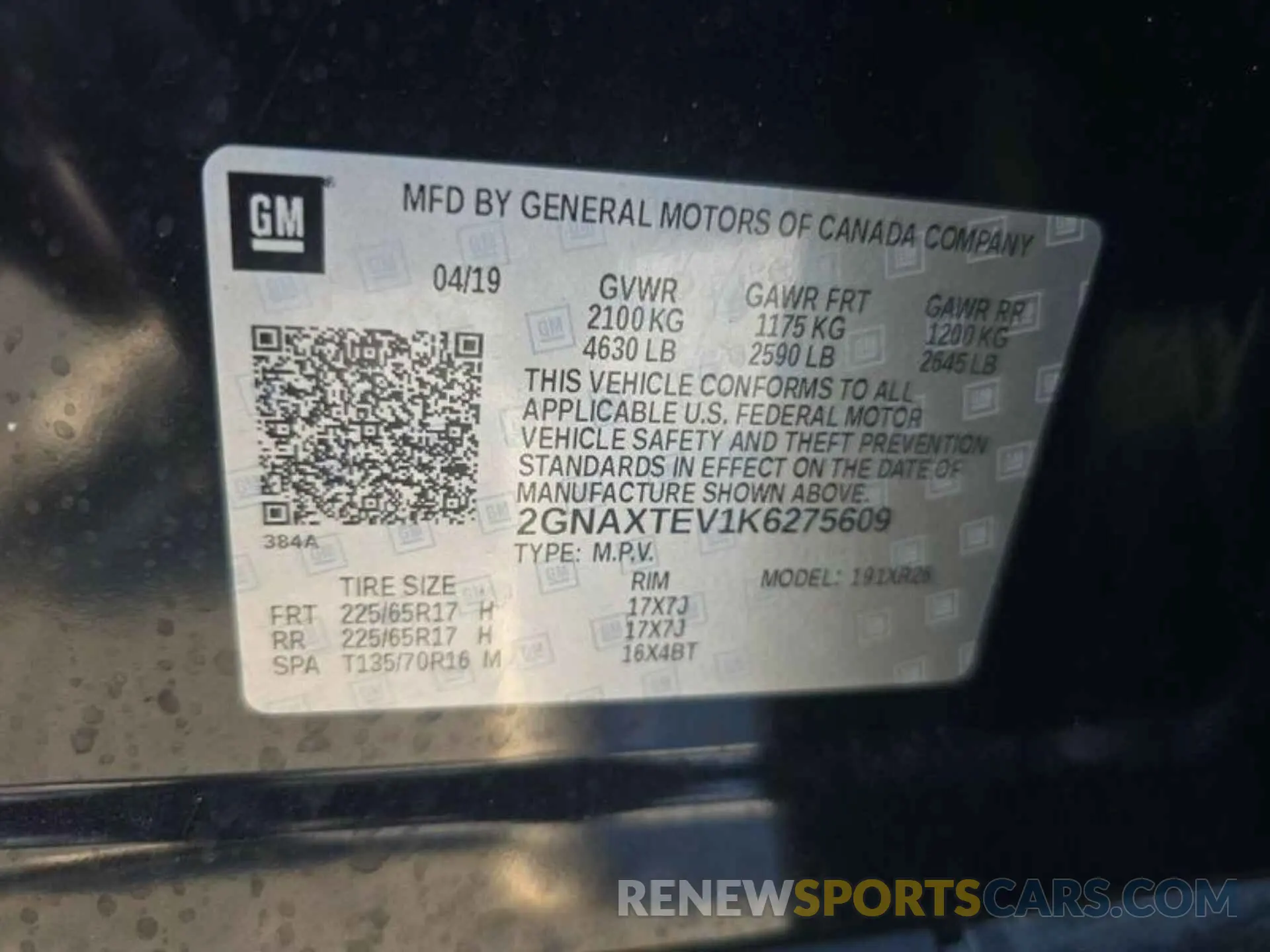 19 Photograph of a damaged car 2GNAXTEV1K6275609 CHEVROLET EQUINOX 2019