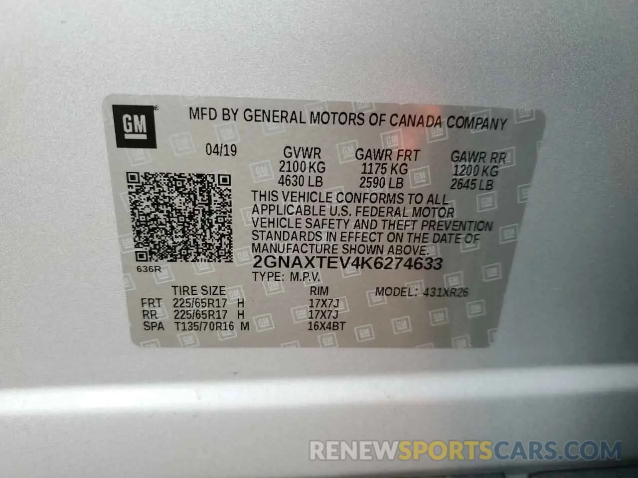 13 Photograph of a damaged car 2GNAXTEV4K6274633 CHEVROLET EQUINOX 2019