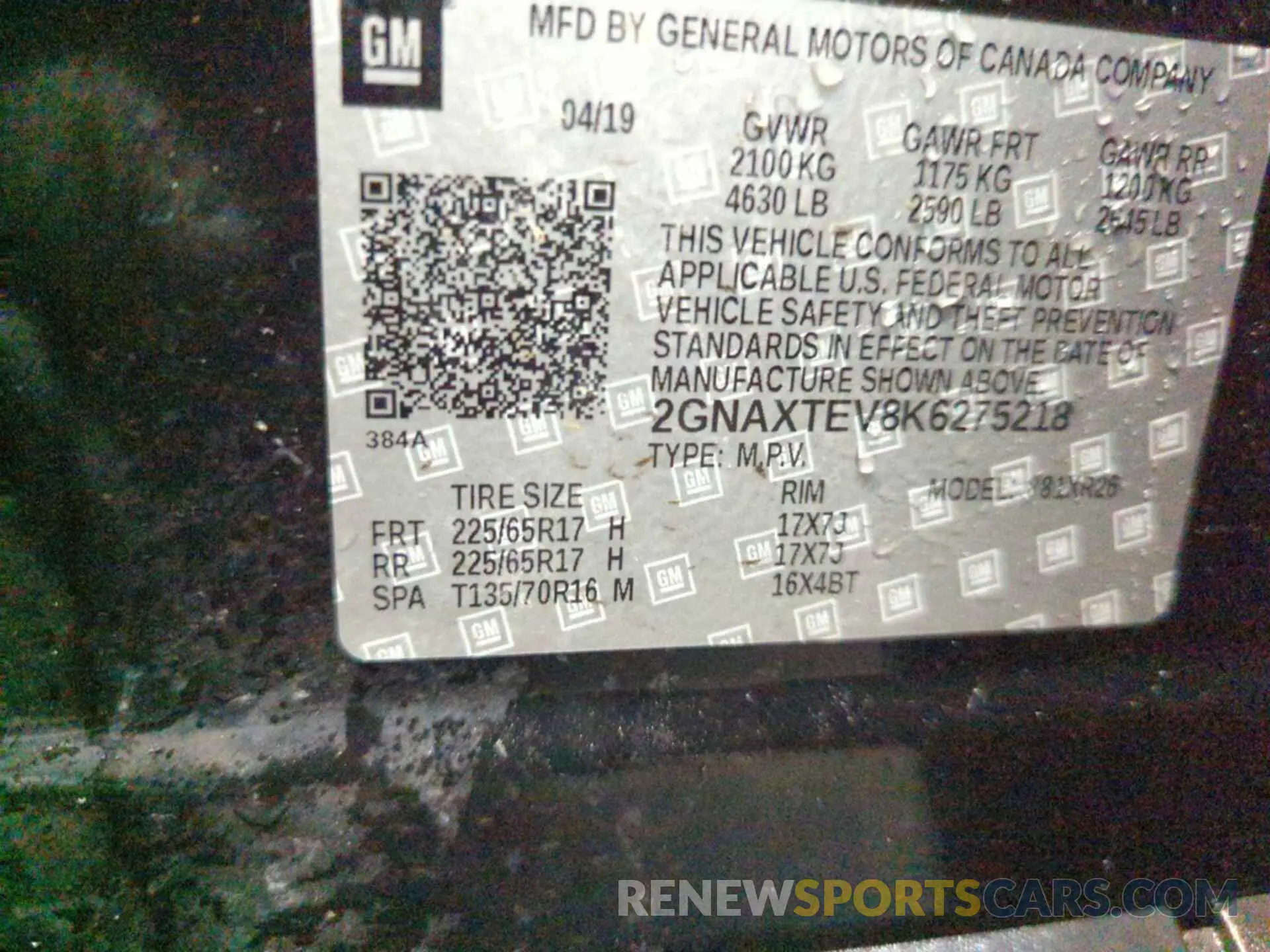 1 Photograph of a damaged car 2GNAXTEV8K6275218 CHEVROLET EQUINOX 2019