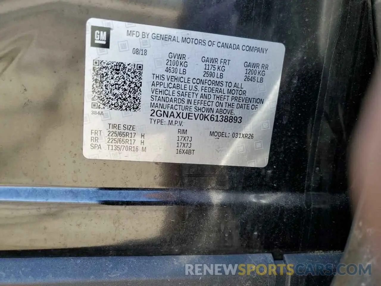 13 Photograph of a damaged car 2GNAXUEV0K6138893 CHEVROLET EQUINOX 2019