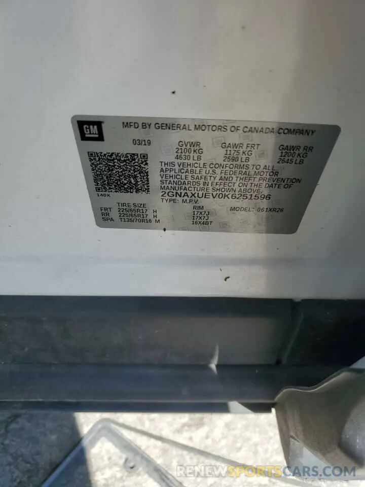 13 Photograph of a damaged car 2GNAXUEV0K6251596 CHEVROLET EQUINOX 2019