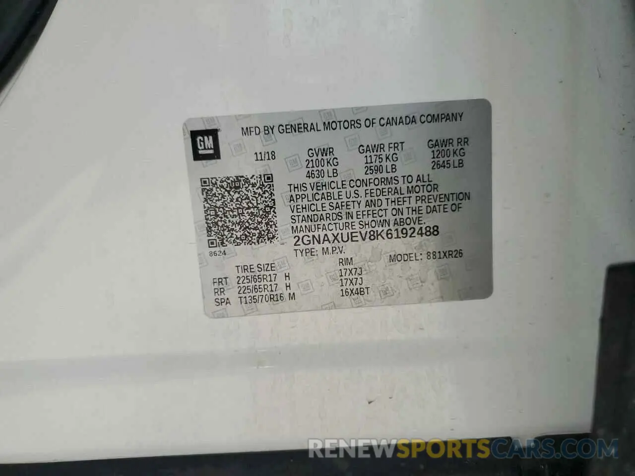13 Photograph of a damaged car 2GNAXUEV8K6192488 CHEVROLET EQUINOX 2019