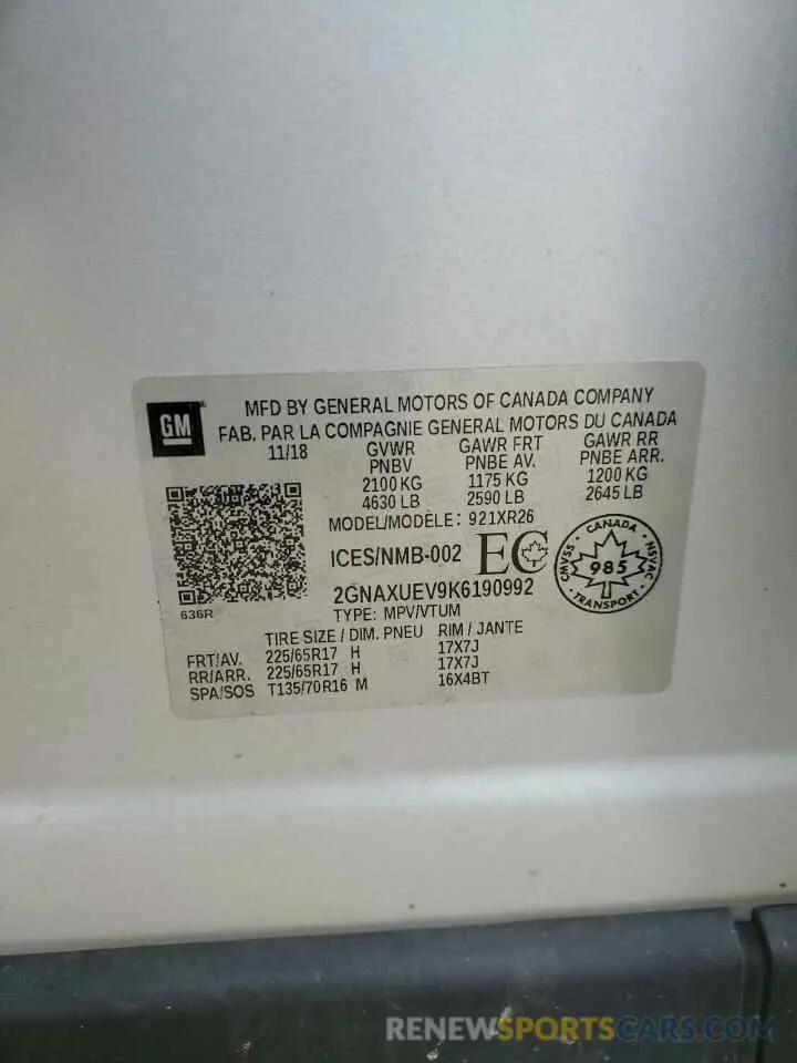 13 Photograph of a damaged car 2GNAXUEV9K6190992 CHEVROLET EQUINOX 2019