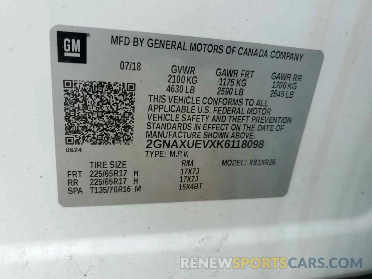 14 Photograph of a damaged car 2GNAXUEVXK6118098 CHEVROLET EQUINOX 2019
