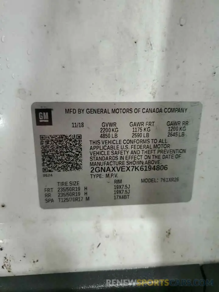 14 Photograph of a damaged car 2GNAXVEX7K6194806 CHEVROLET EQUINOX 2019