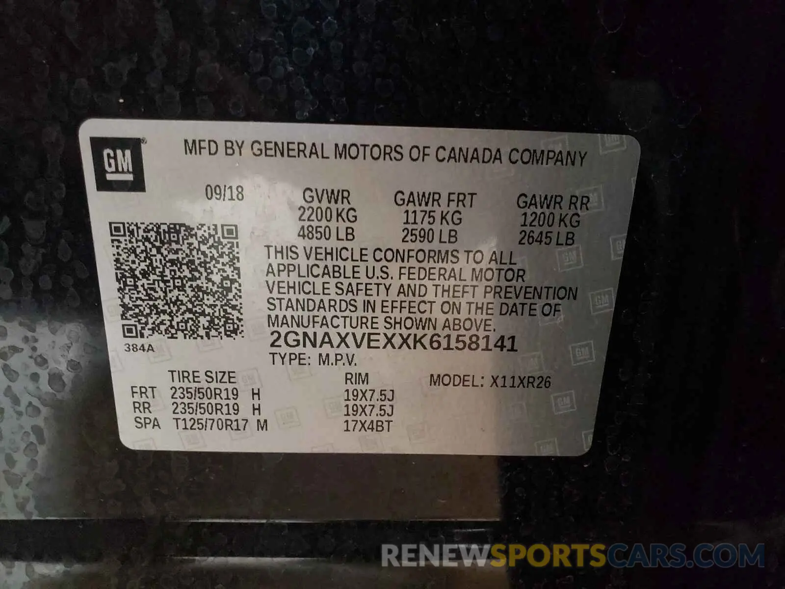 10 Photograph of a damaged car 2GNAXVEXXK6158141 CHEVROLET EQUINOX 2019