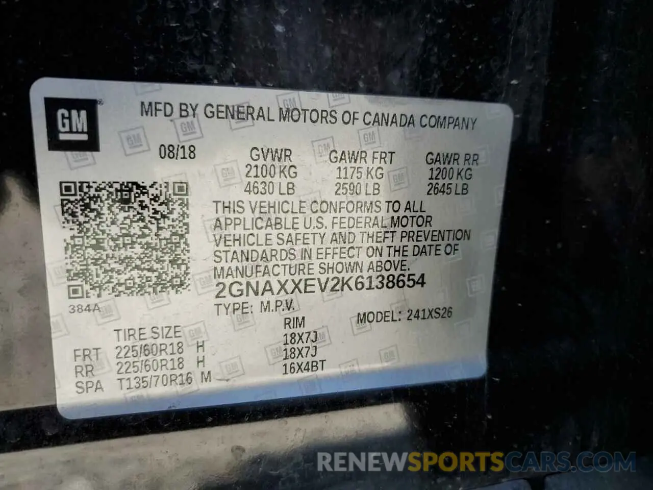 12 Photograph of a damaged car 2GNAXXEV2K6138654 CHEVROLET EQUINOX 2019