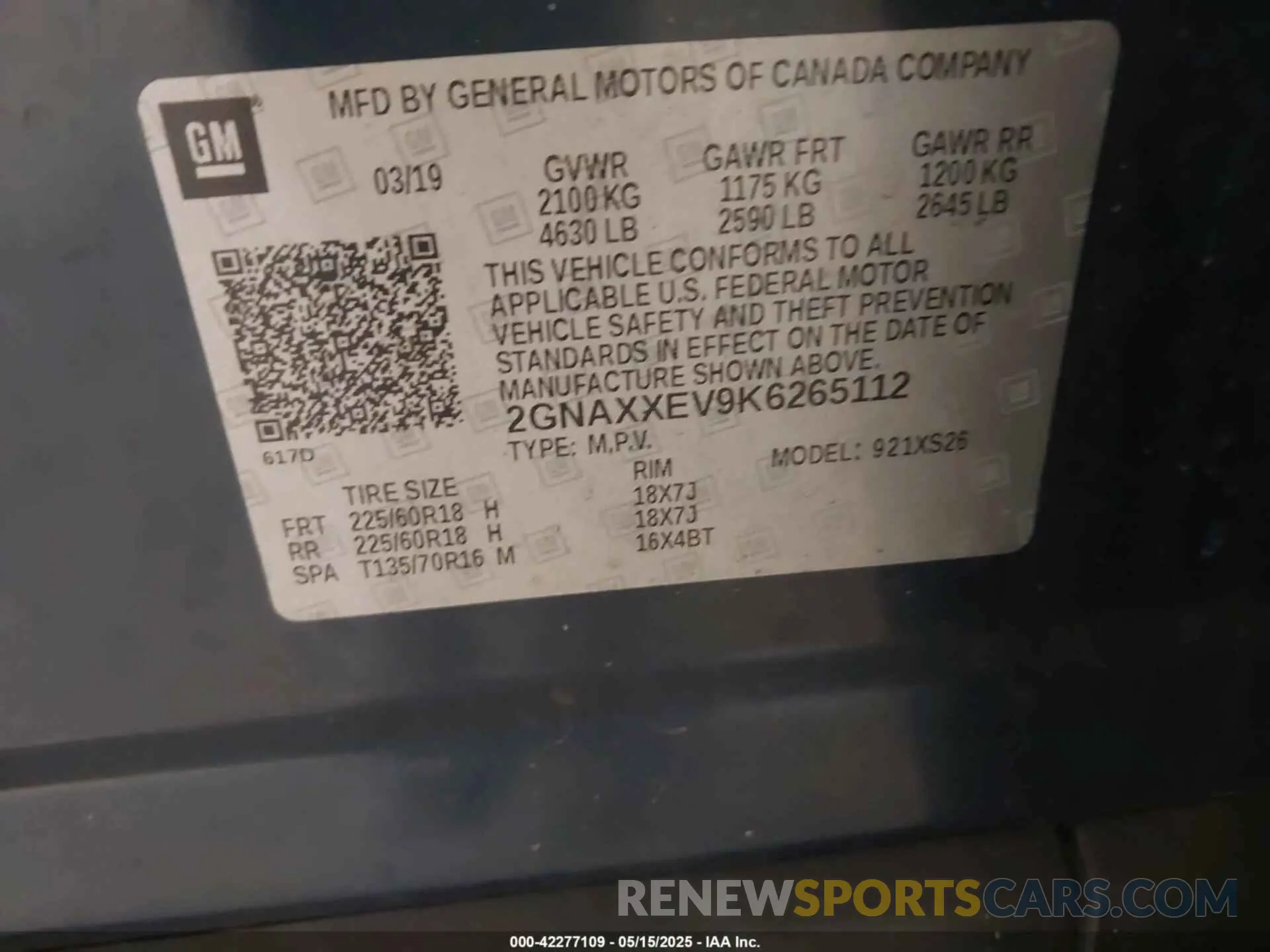9 Photograph of a damaged car 2GNAXXEV9K6265112 CHEVROLET EQUINOX 2019