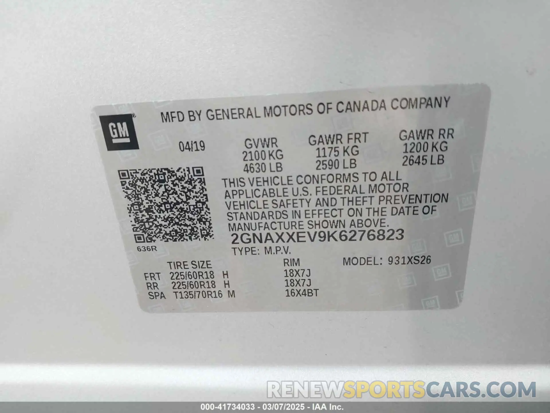 9 Photograph of a damaged car 2GNAXXEV9K6276823 CHEVROLET EQUINOX 2019