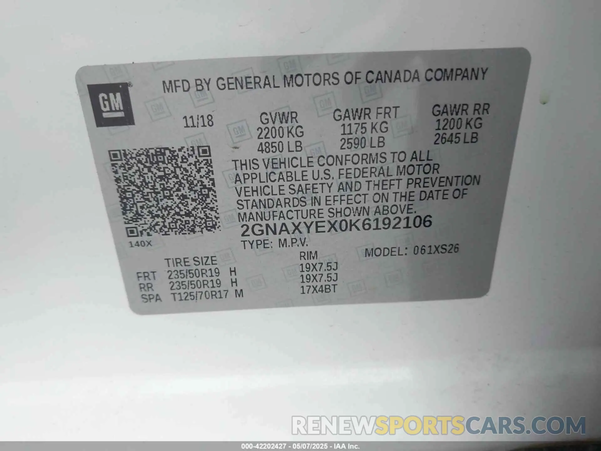 9 Photograph of a damaged car 2GNAXYEX0K6192106 CHEVROLET EQUINOX 2019