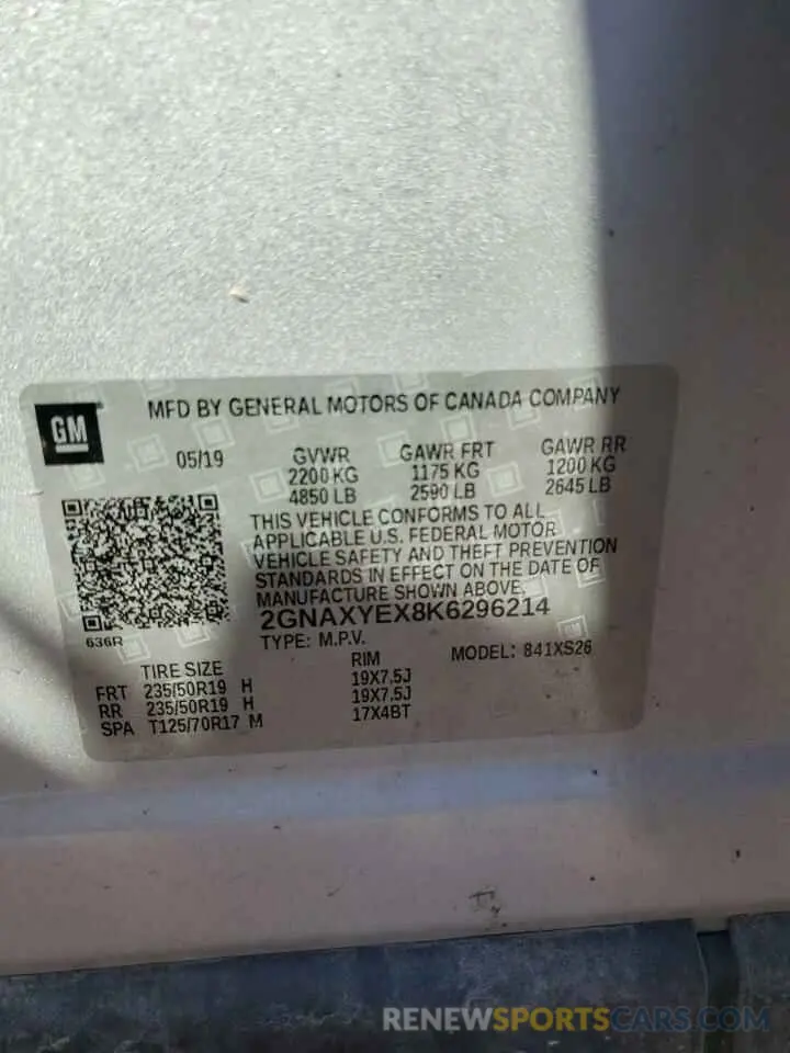 13 Photograph of a damaged car 2GNAXYEX8K6296214 CHEVROLET EQUINOX 2019