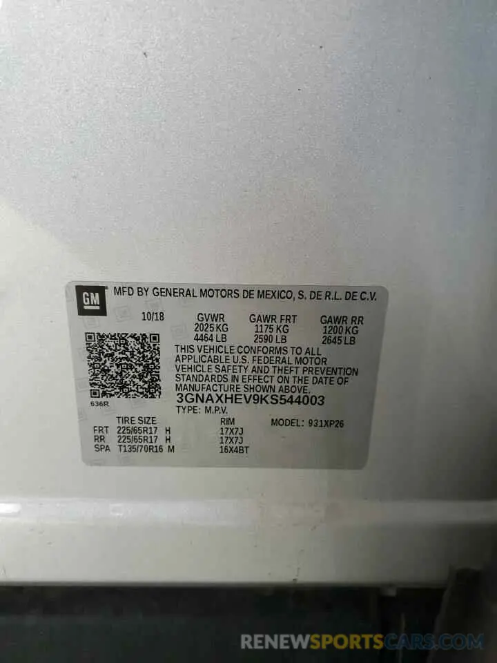 14 Photograph of a damaged car 3GNAXHEV9KS544003 CHEVROLET EQUINOX 2019