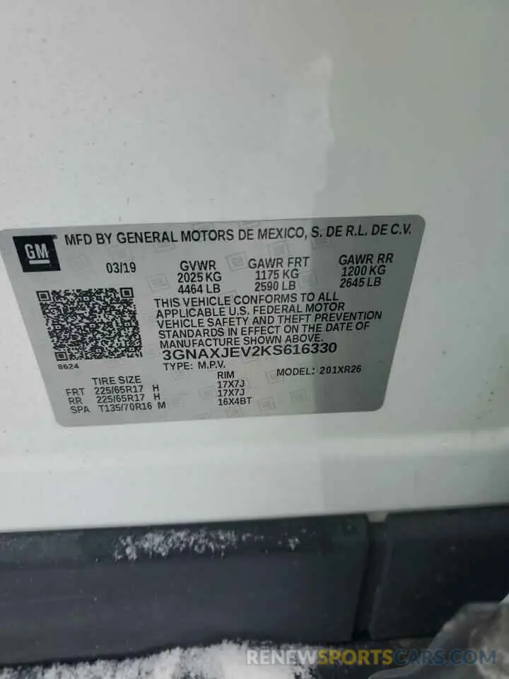 13 Photograph of a damaged car 3GNAXJEV2KS616330 CHEVROLET EQUINOX 2019