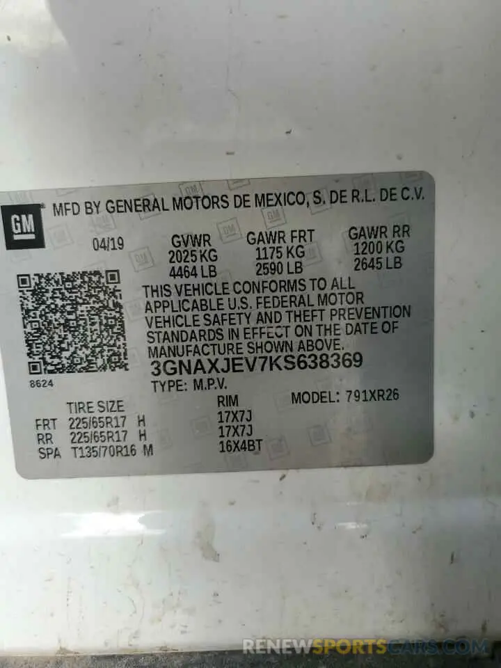 13 Photograph of a damaged car 3GNAXJEV7KS638369 CHEVROLET EQUINOX 2019