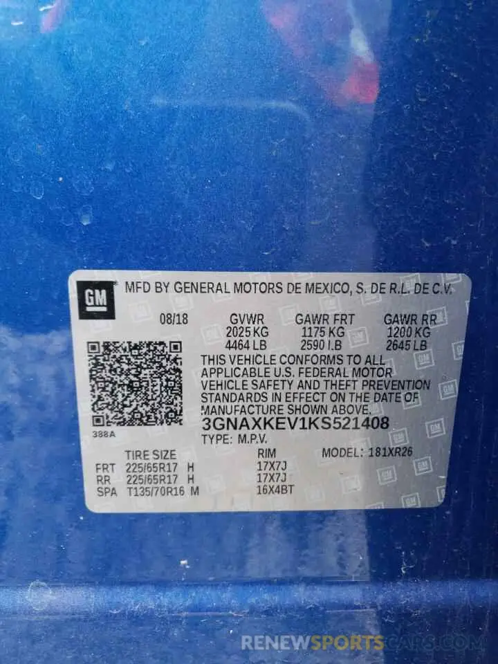 13 Photograph of a damaged car 3GNAXKEV1KS521408 CHEVROLET EQUINOX 2019