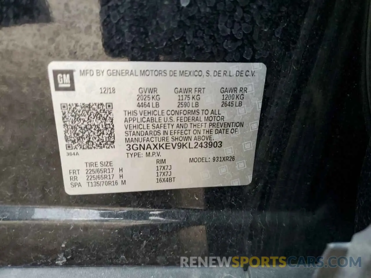 13 Photograph of a damaged car 3GNAXKEV9KL243903 CHEVROLET EQUINOX 2019