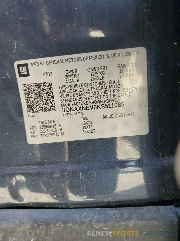 13 Photograph of a damaged car 3GNAXNEV6KS511085 CHEVROLET EQUINOX 2019