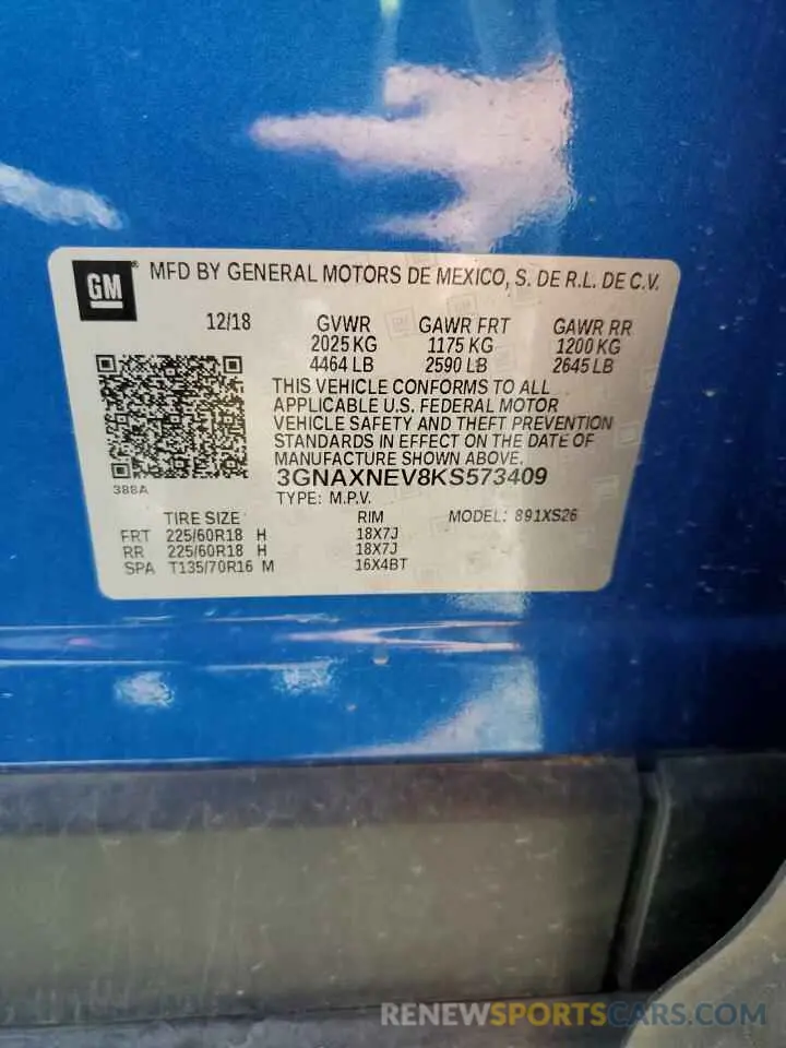 13 Photograph of a damaged car 3GNAXNEV8KS573409 CHEVROLET EQUINOX 2019