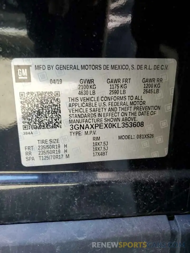 12 Photograph of a damaged car 3GNAXPEX0KL353608 CHEVROLET EQUINOX 2019