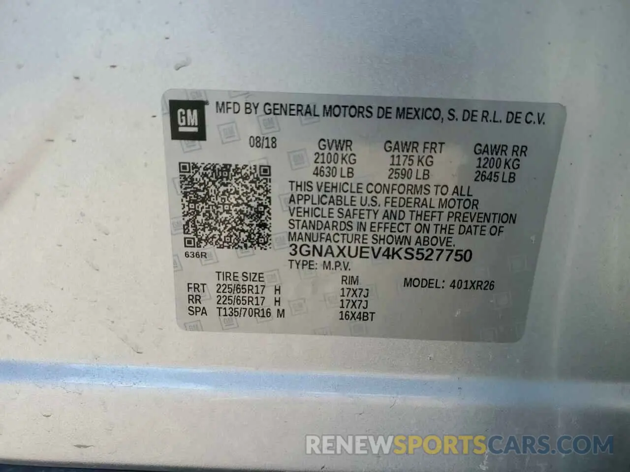 16 Photograph of a damaged car 3GNAXUEV4KS527750 CHEVROLET EQUINOX 2019