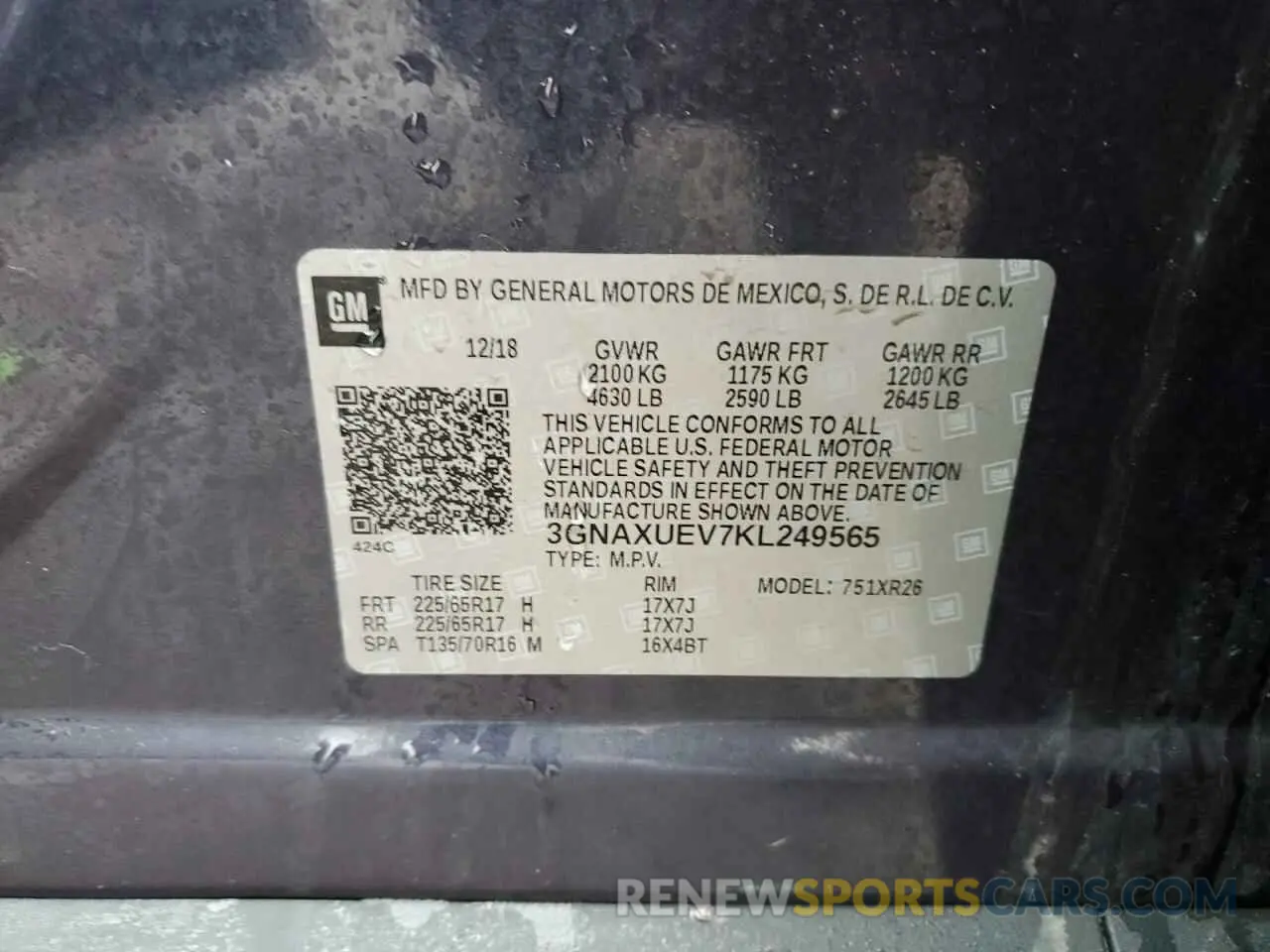 13 Photograph of a damaged car 3GNAXUEV7KL249565 CHEVROLET EQUINOX 2019