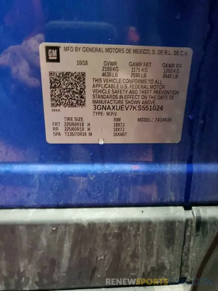 14 Photograph of a damaged car 3GNAXUEV7KS551024 CHEVROLET EQUINOX 2019