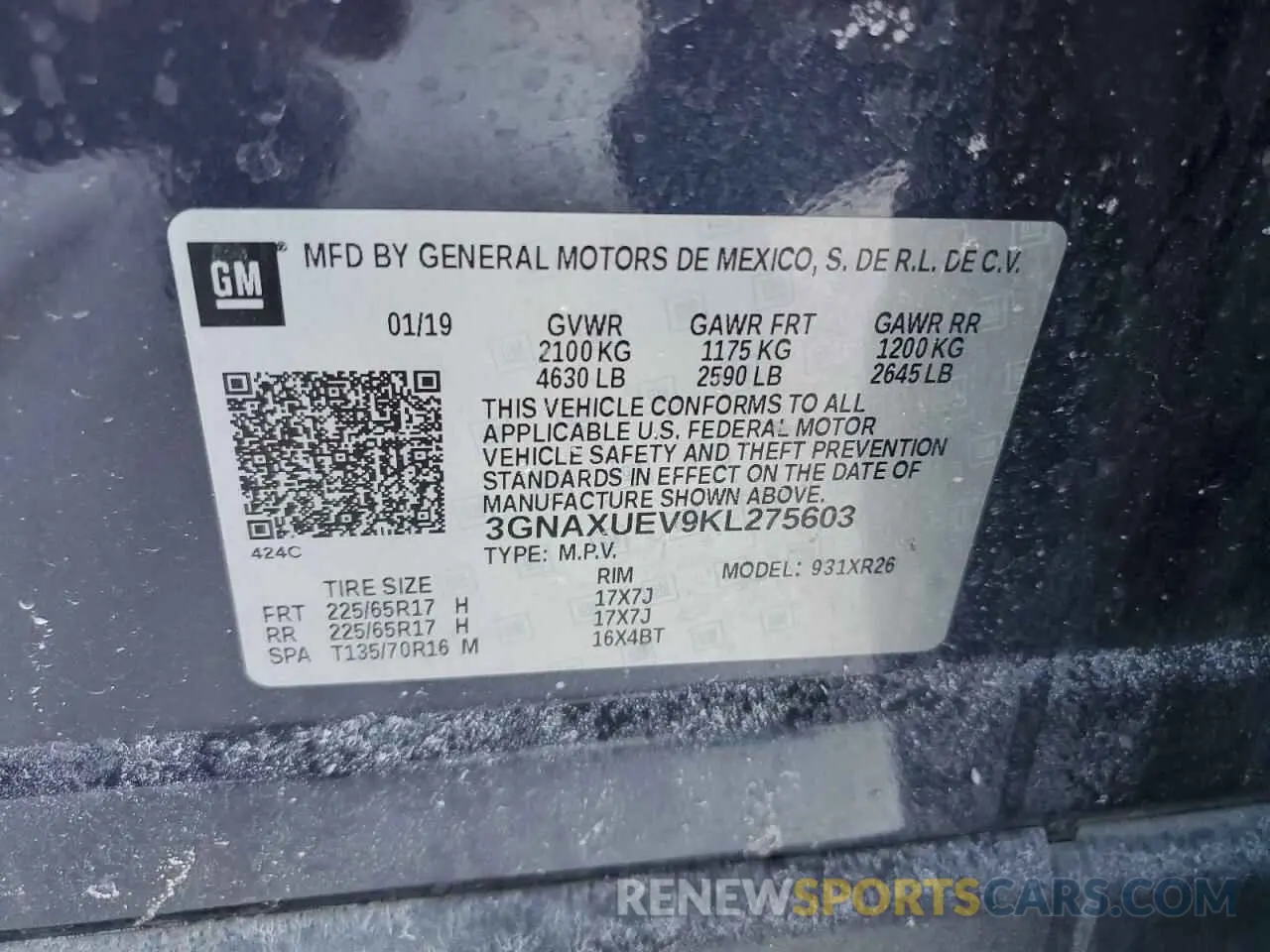 14 Photograph of a damaged car 3GNAXUEV9KL275603 CHEVROLET EQUINOX 2019