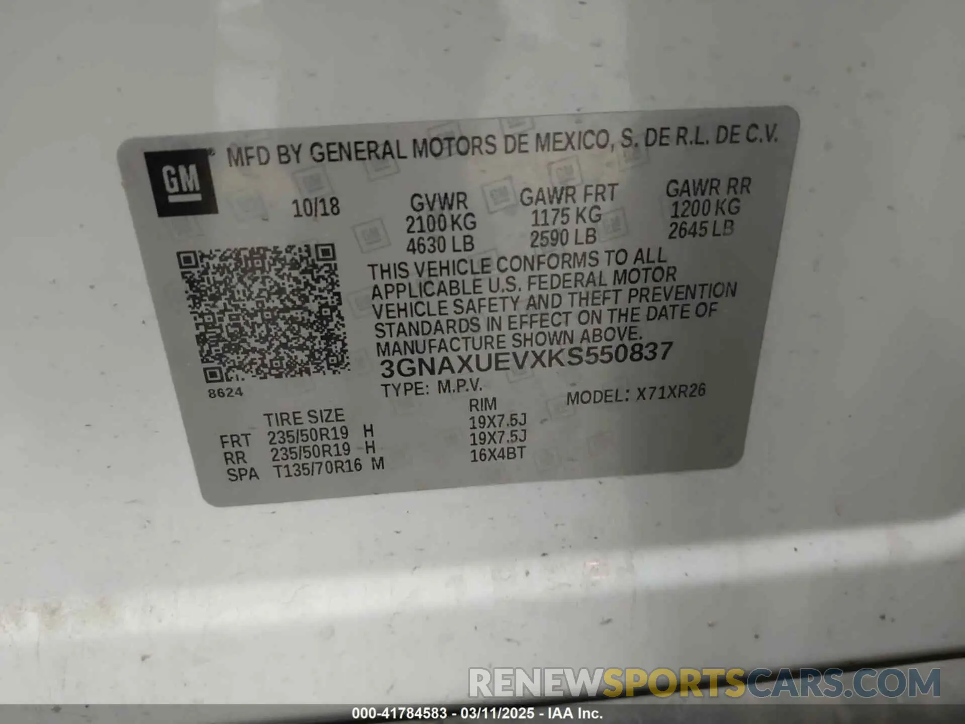 9 Photograph of a damaged car 3GNAXUEVXKS550837 CHEVROLET EQUINOX 2019
