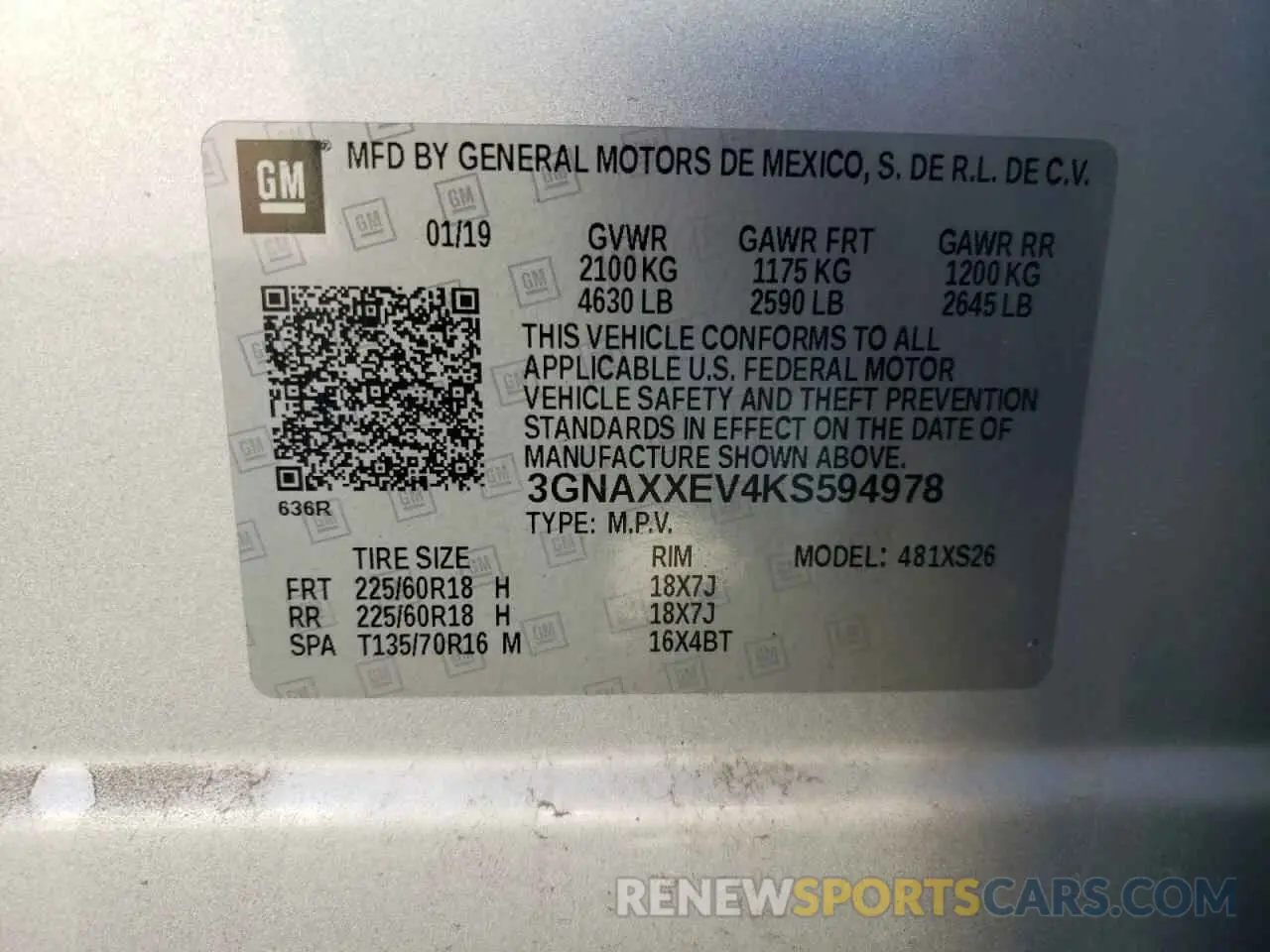 13 Photograph of a damaged car 3GNAXXEV4KS594978 CHEVROLET EQUINOX 2019