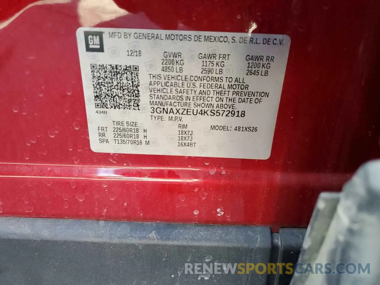 15 Photograph of a damaged car 3GNAXZEU4KS572918 CHEVROLET EQUINOX 2019