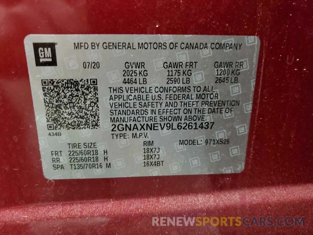 14 Photograph of a damaged car 2GNAXNEV9L6261437 CHEVROLET EQUINOX 2020
