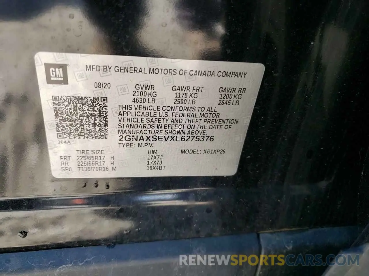 15 Photograph of a damaged car 2GNAXSEVXL6275376 CHEVROLET EQUINOX 2020