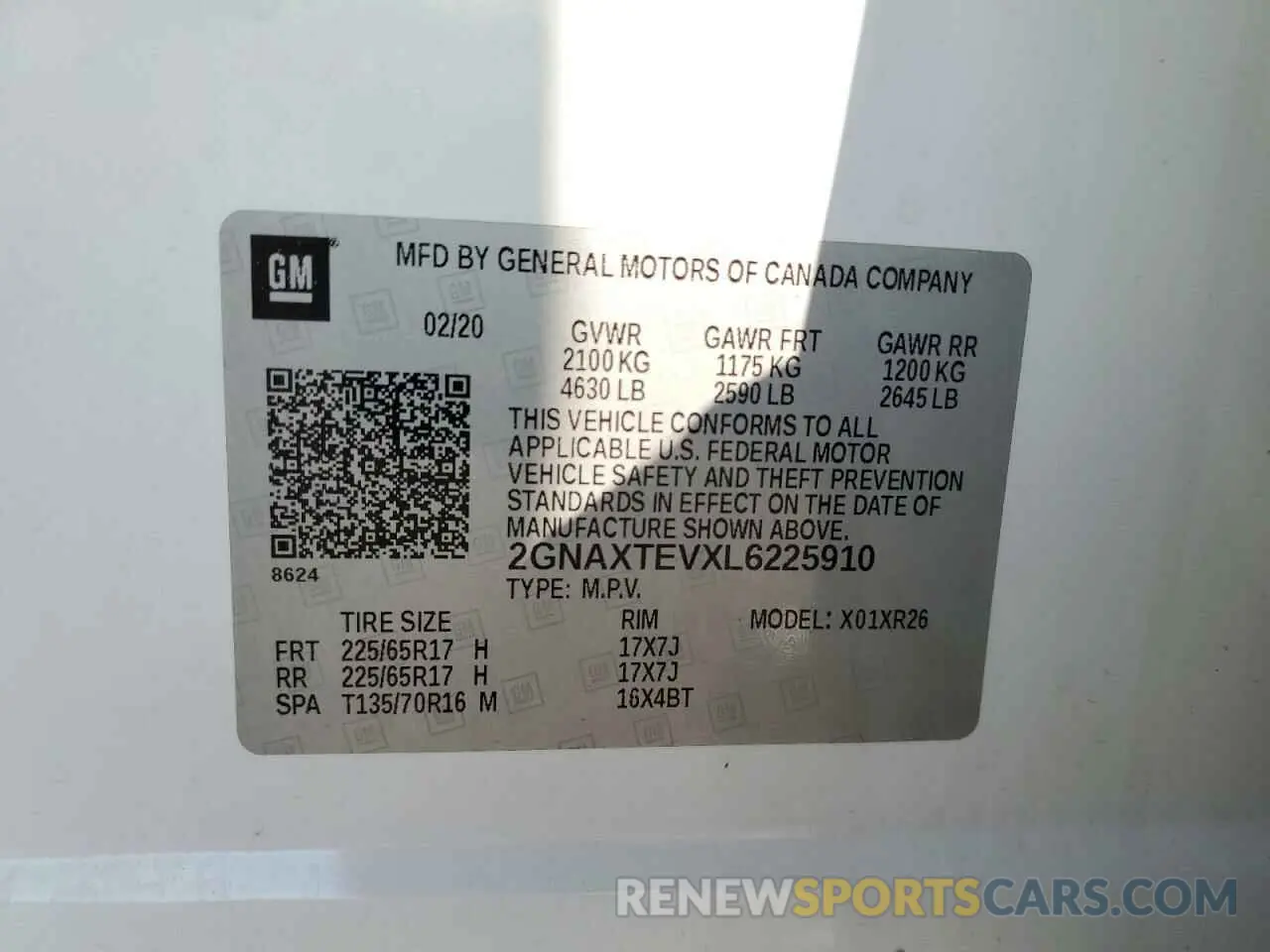 14 Photograph of a damaged car 2GNAXTEVXL6225910 CHEVROLET EQUINOX 2020