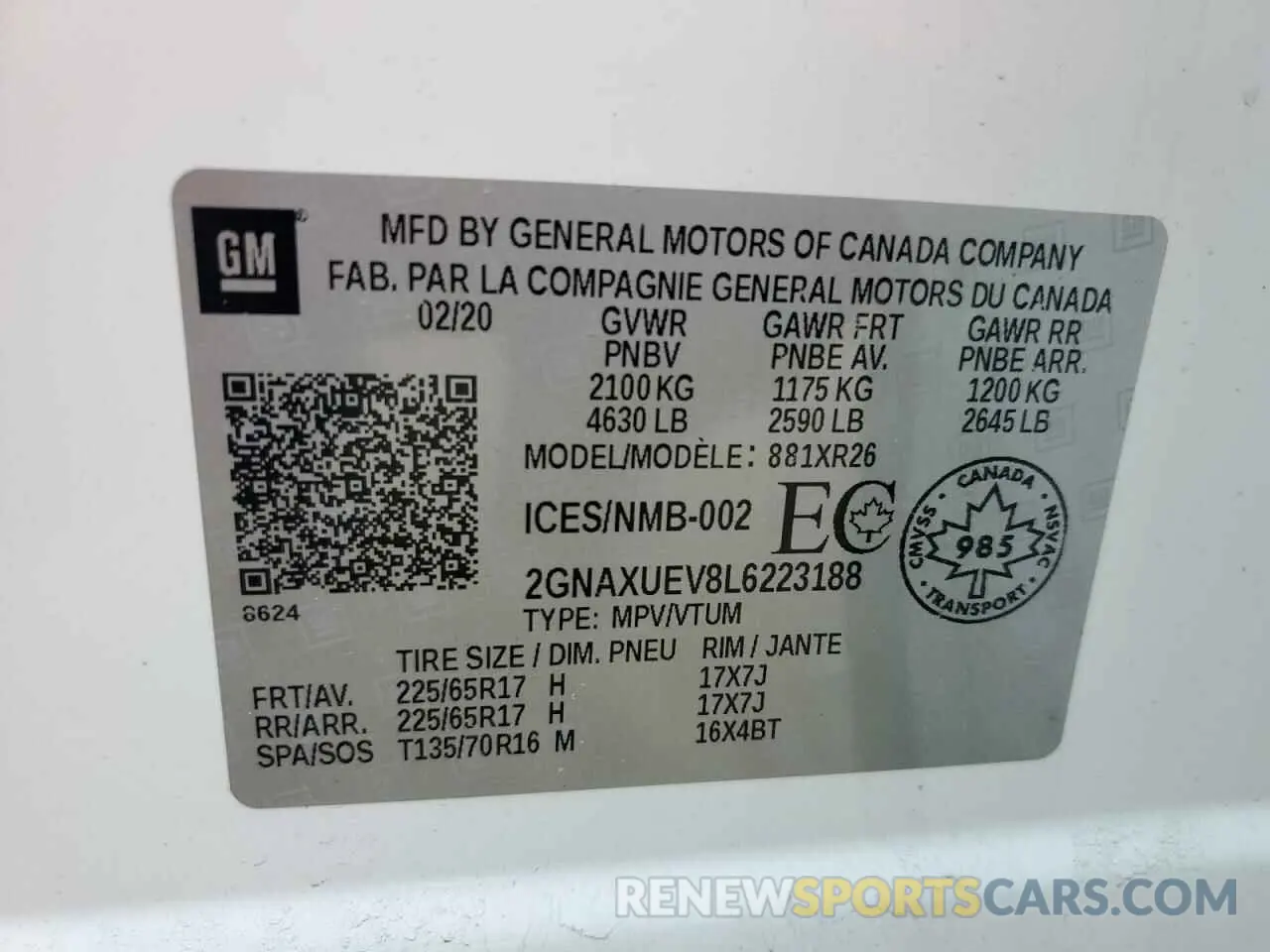 14 Photograph of a damaged car 2GNAXUEV8L6223188 CHEVROLET EQUINOX 2020