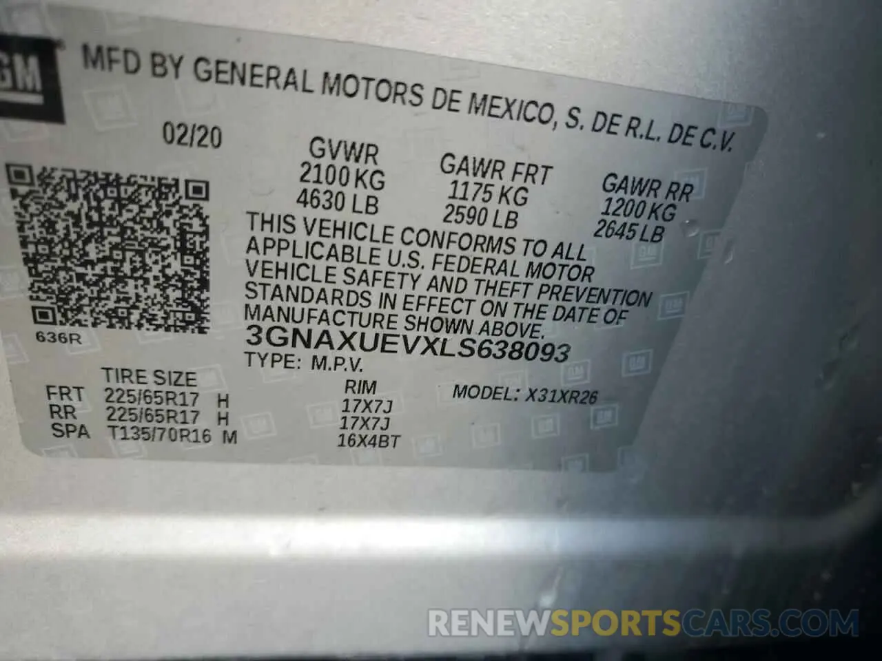 12 Photograph of a damaged car 3GNAXUEVXLS638093 CHEVROLET EQUINOX 2020
